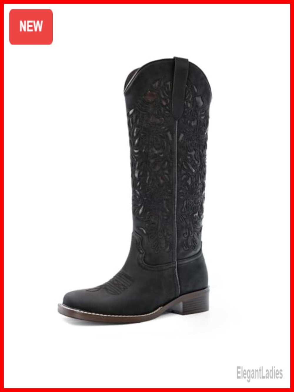 Womens Cowboy Boots Cut Out Floral Embroidered Knee-High Western Square Toe